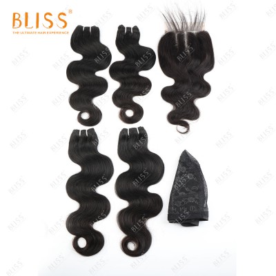 Bliss Brazilian Hair Bundles Cuticle Aligned Hair Body Wave 4 Bundles with Closure Meche Bresilienne  Humain en Chine en Gros